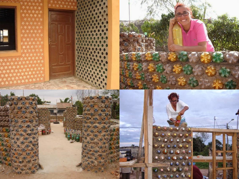 4 fotos da construção das casas do projeto Casas de Botellas