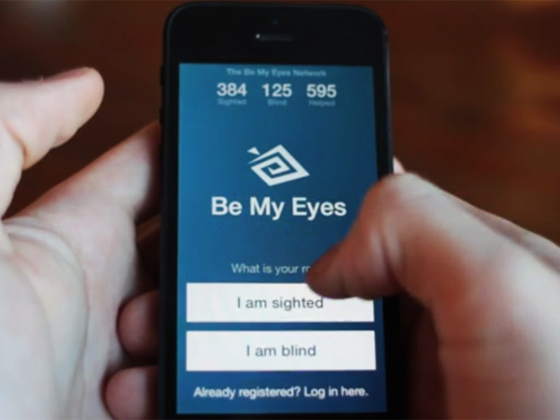 Tela do aplicativo Be My Eyes, que ajuda cegos em tarefas do dia a dia. 